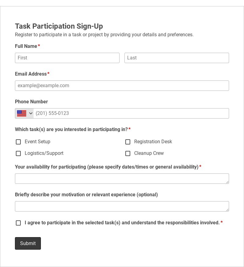 Task Participation Sign-Up Template form template