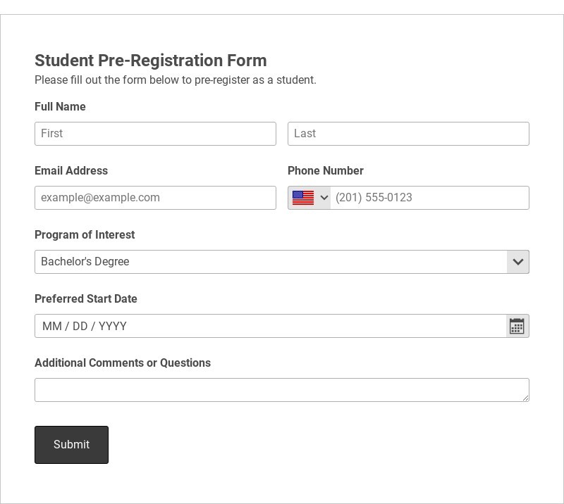 Student Pre-Registration Form Template form template