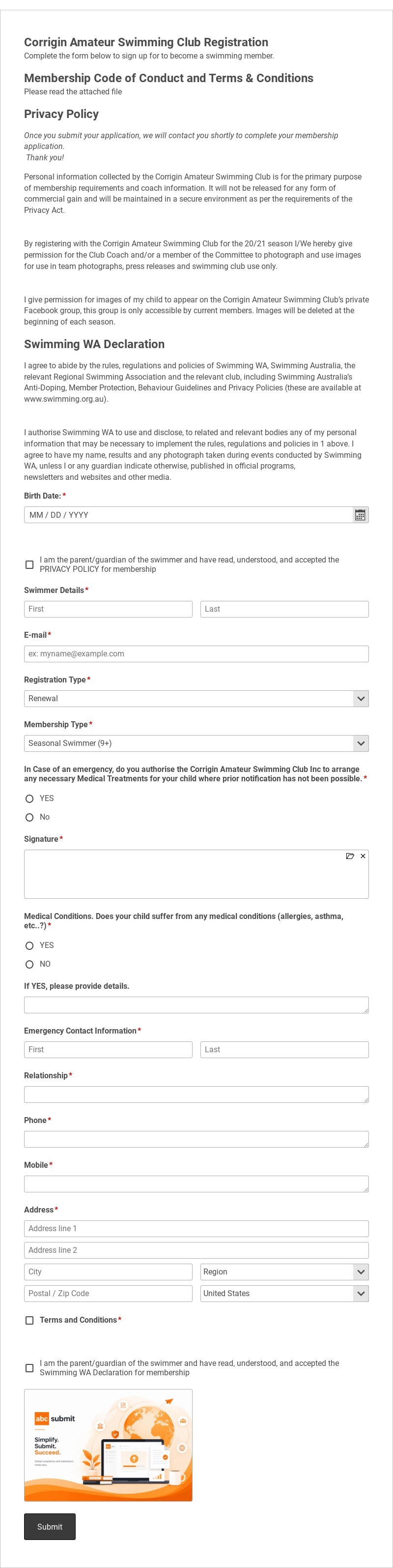 Swimming Club Registration Form Template
