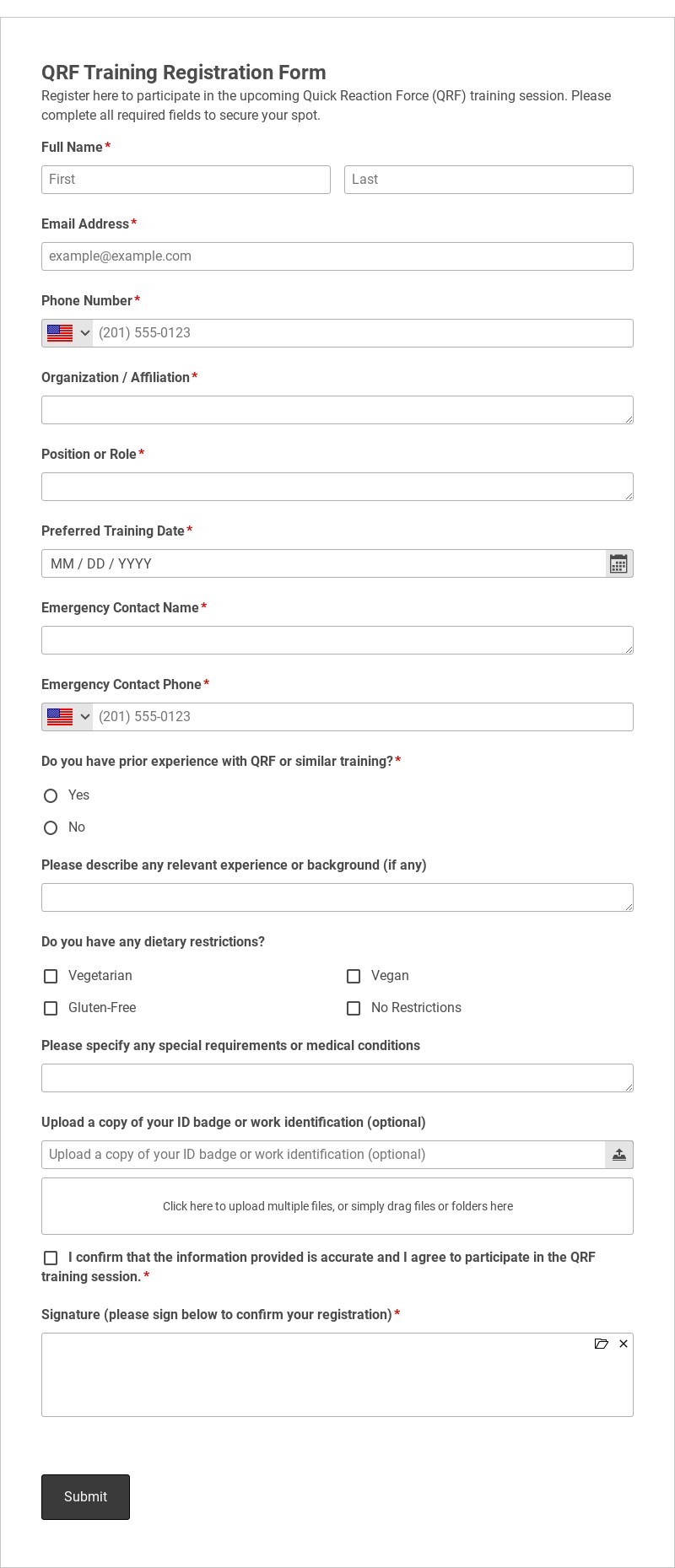 QRF Training Registration Form Template form template