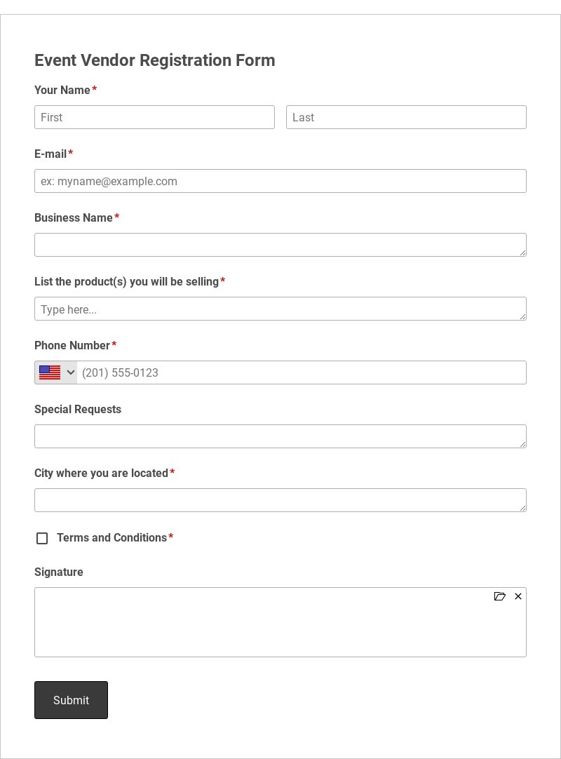 Event Vendor Registration Form Template form template