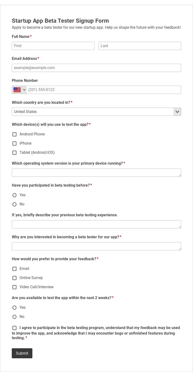 Startup App Beta Tester Signup Form Template form template