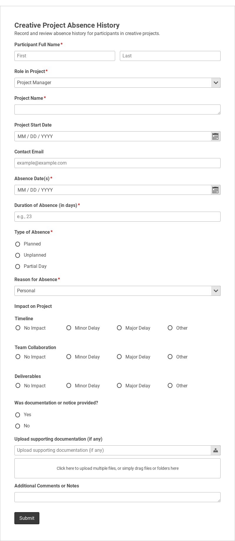 Creative Project Absence History Template form template