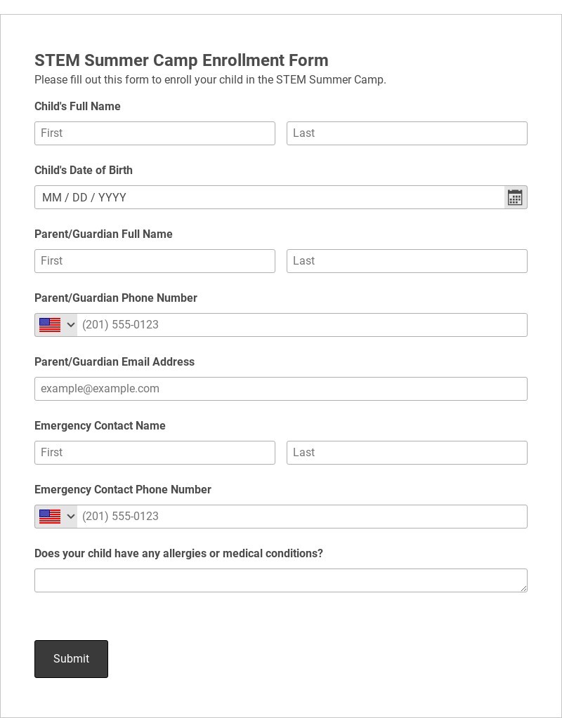 STEM Summer Camp Enrollment Form Template form template