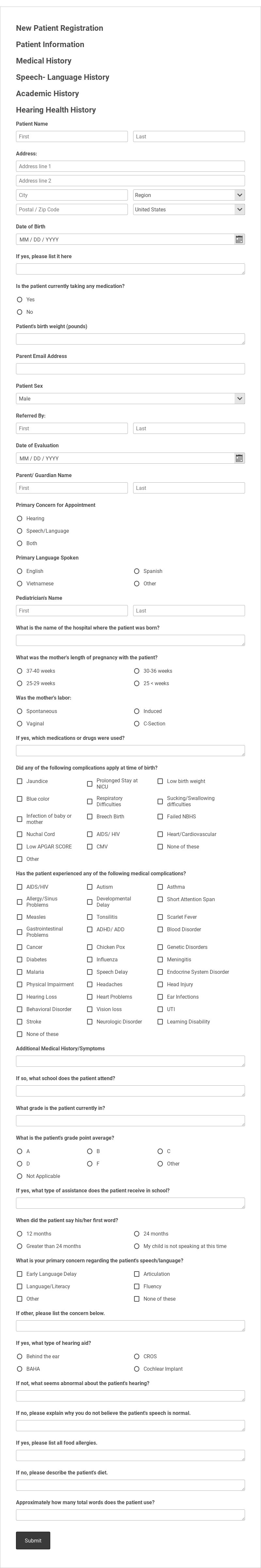 New Pediatric Patient Registration Form Template form template