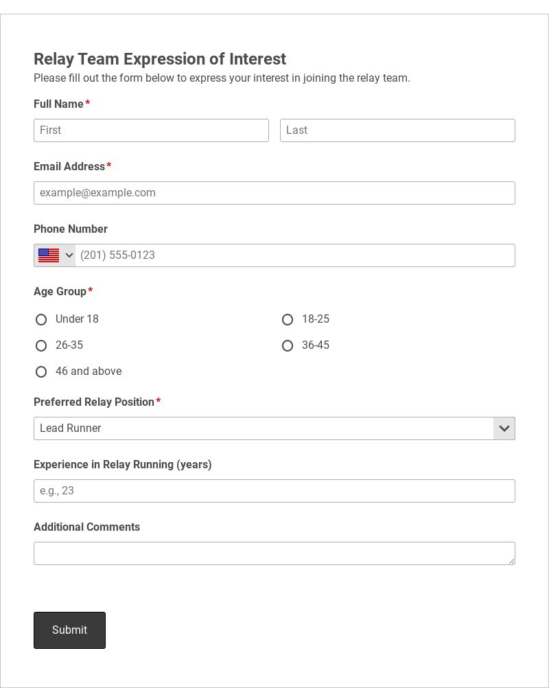 Relay Team Expression of Interest Template form template