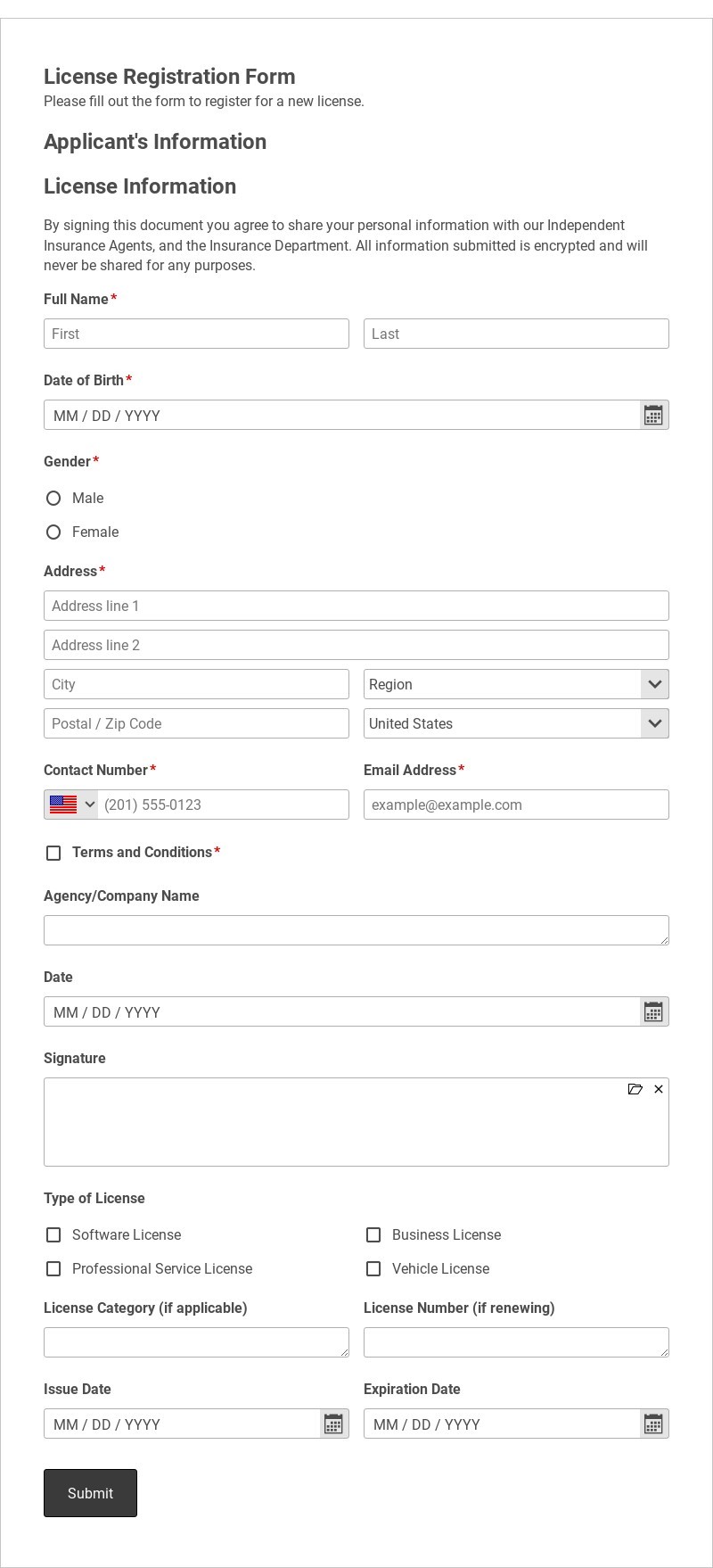 License Registration Form Template form template