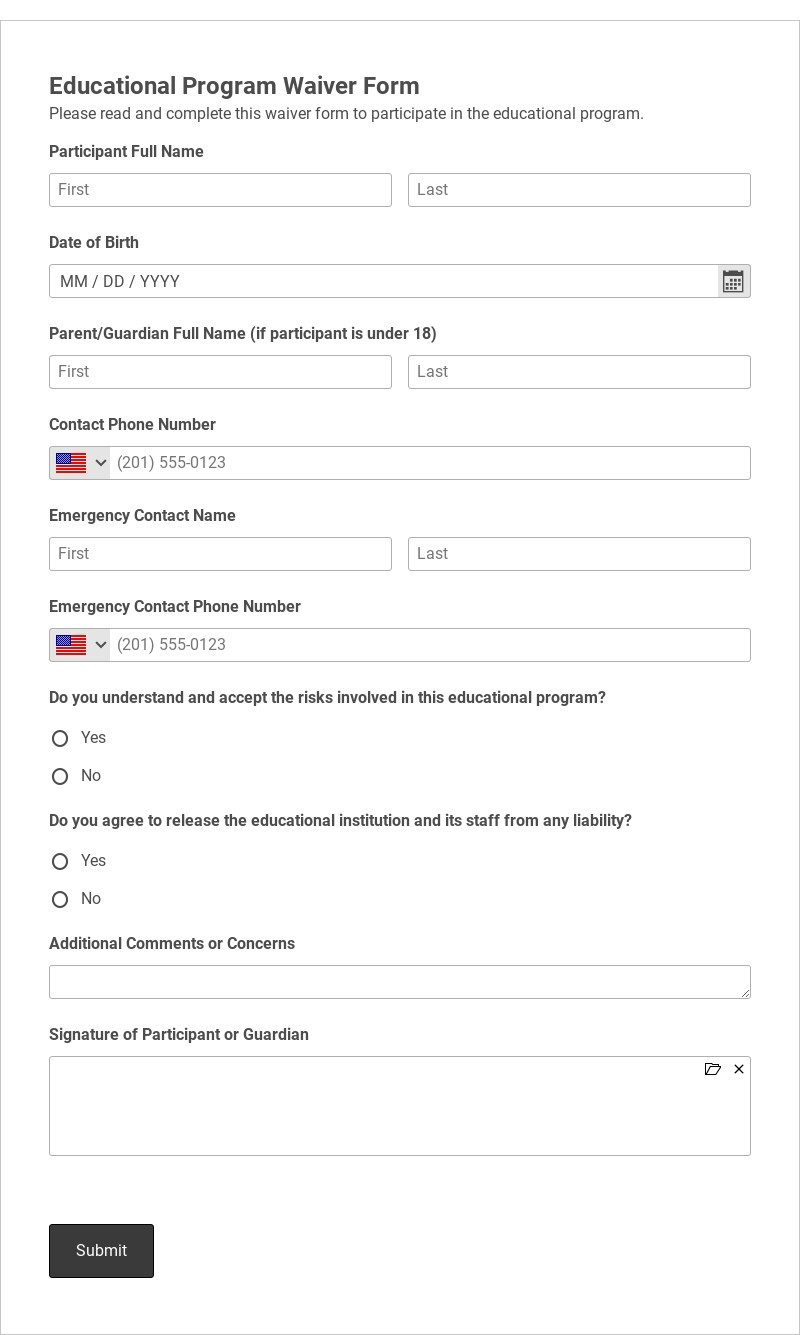 Educational Program Waiver Form Template form template