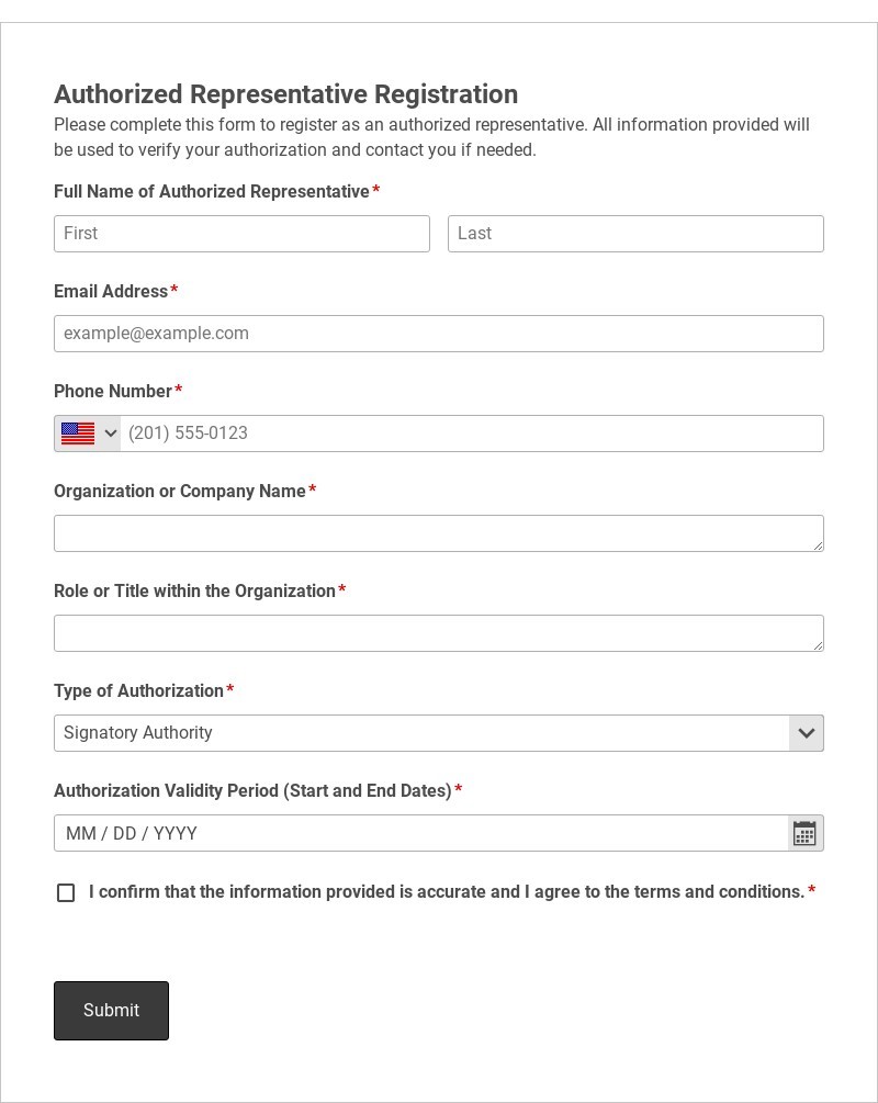 Authorized Representative Registration Template form template