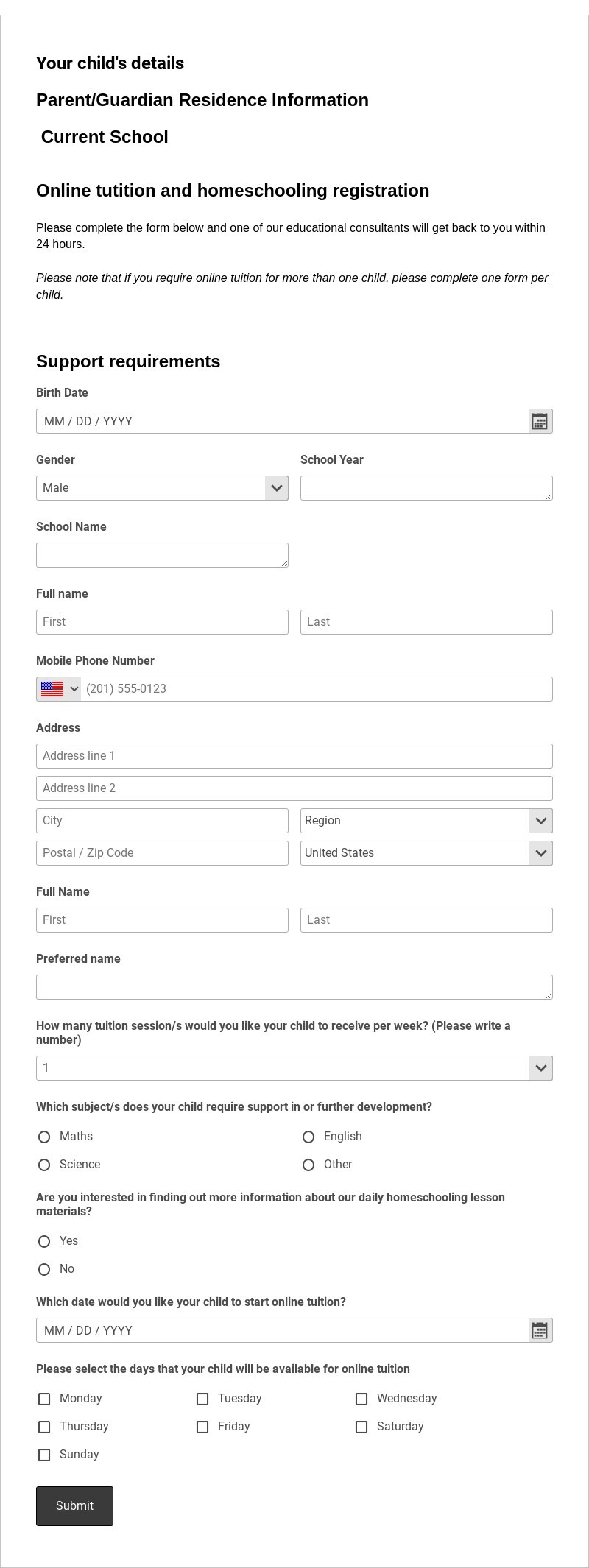 Online Tuition and Homeschooling Registration Form Template form template