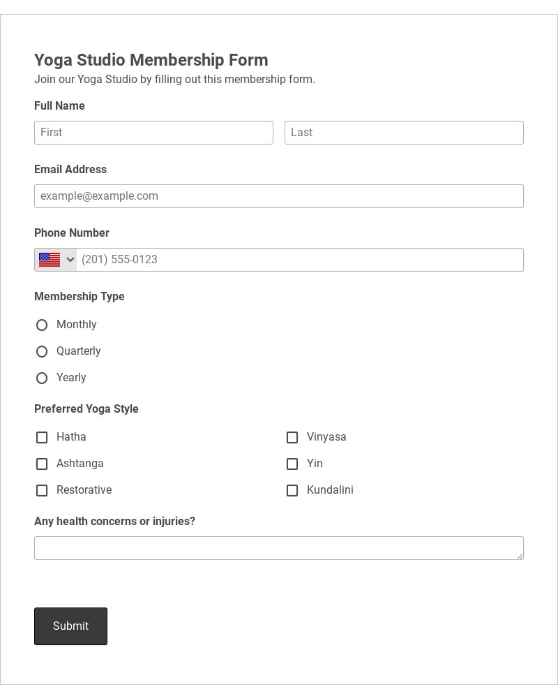 Yoga Studio Membership Form Template form template