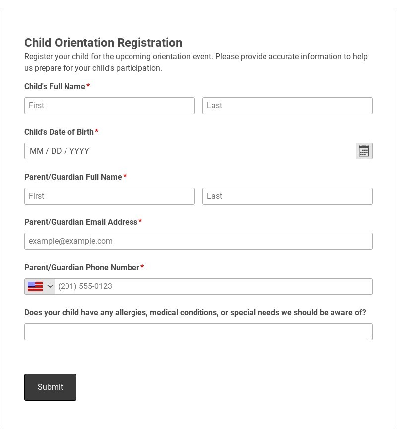 Child Orientation Registration Template form template