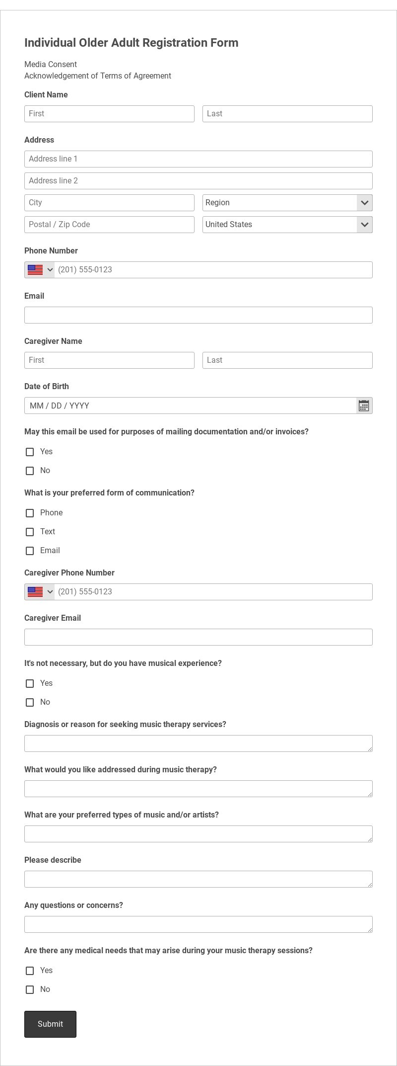 Individual Older Adult Registration Form Template form template