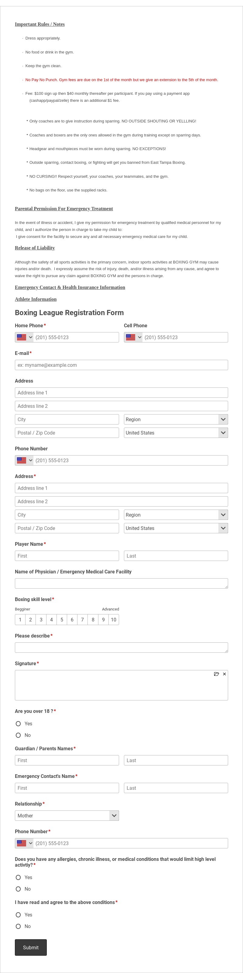 Boxing League Registration Form Template form template