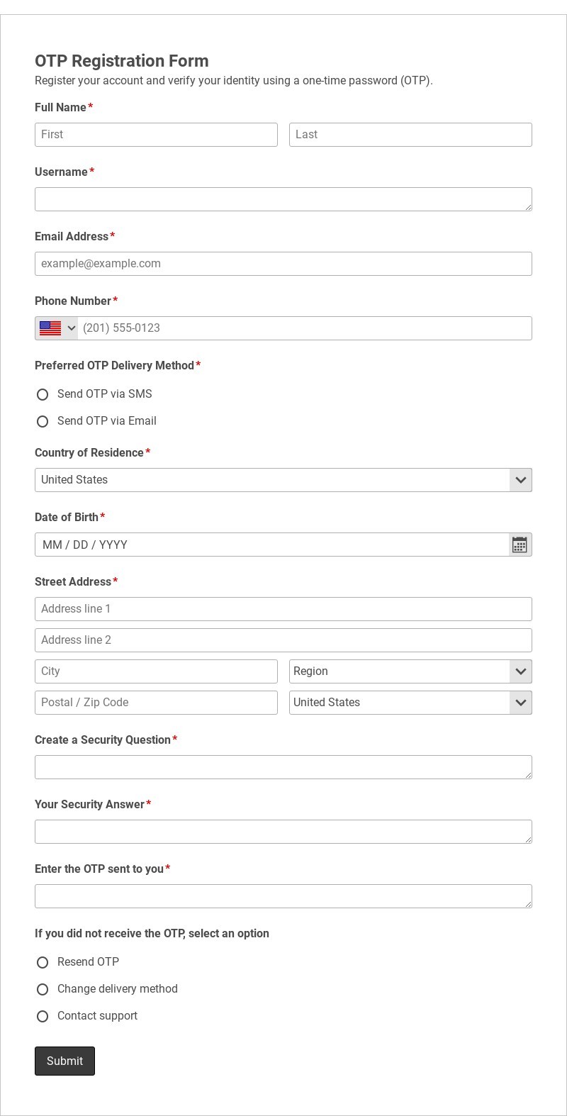 OTP Registration Form Template form template