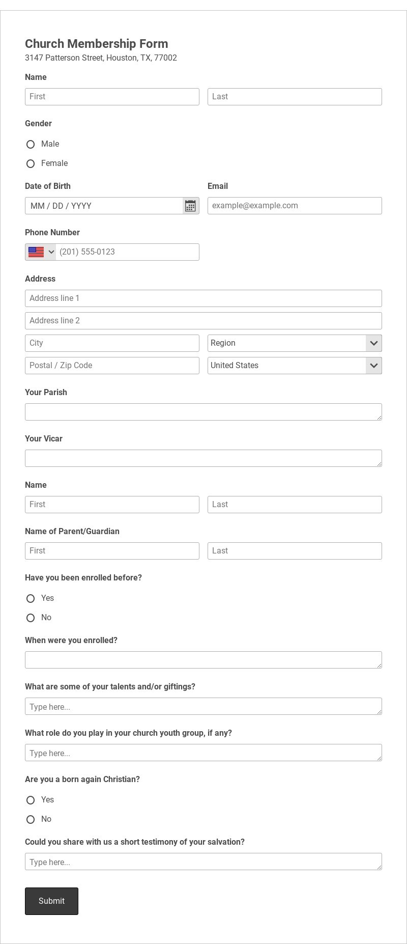 Church Membership Form Template form template