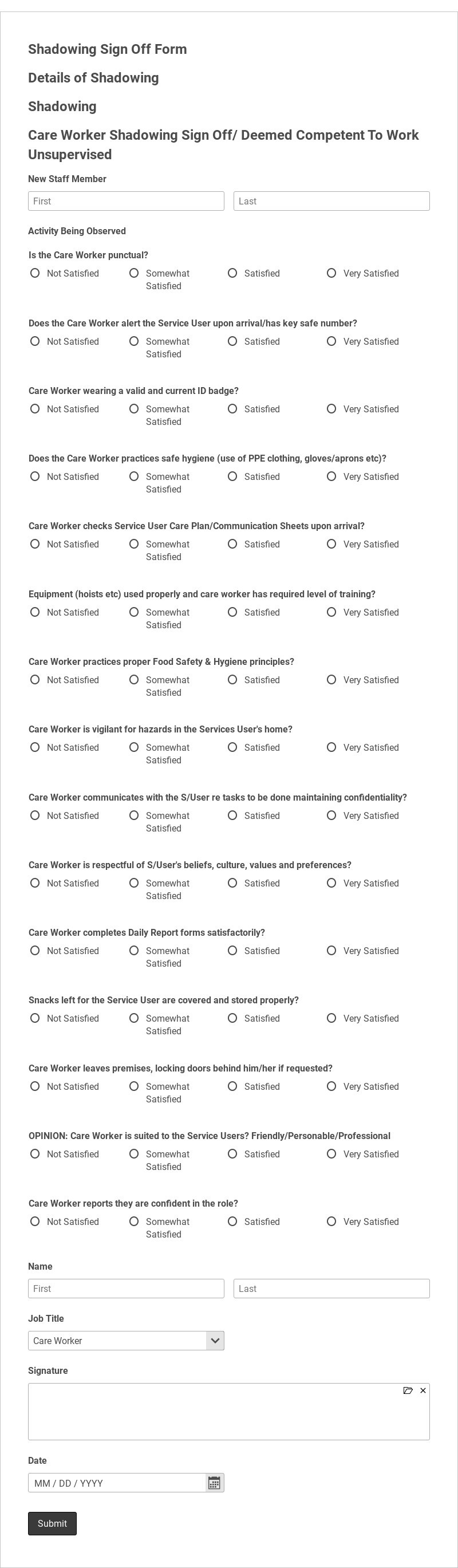 Shadowing Sign Off Form Template