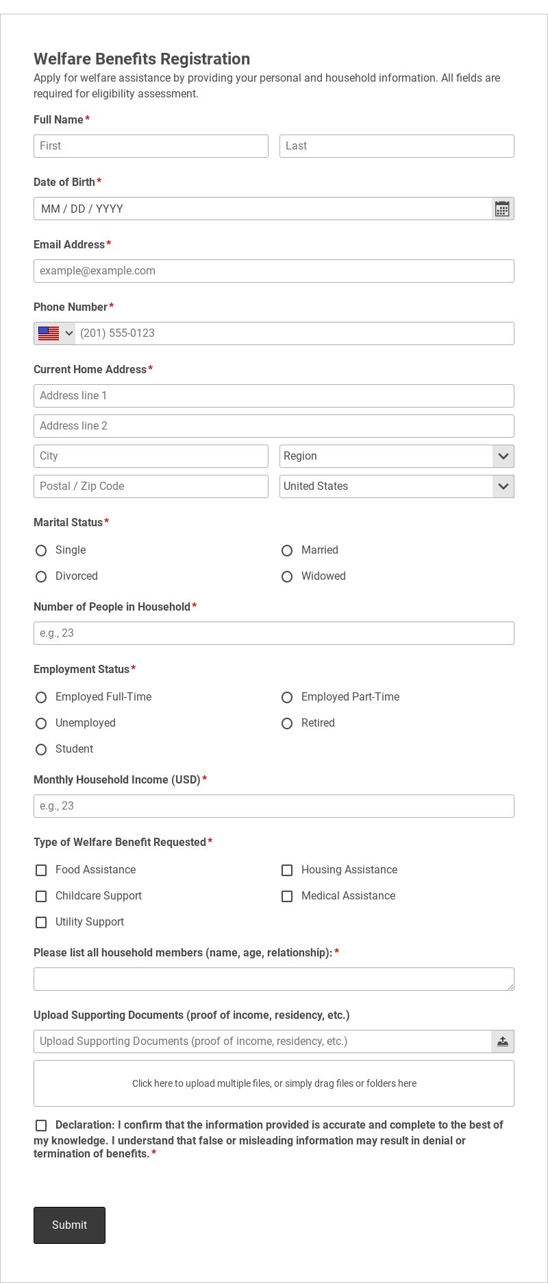 Welfare Benefits Registration Template form template