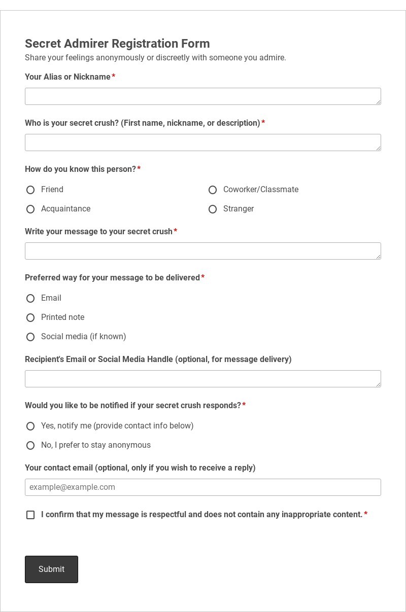 Secret Admirer Registration Form Template form template