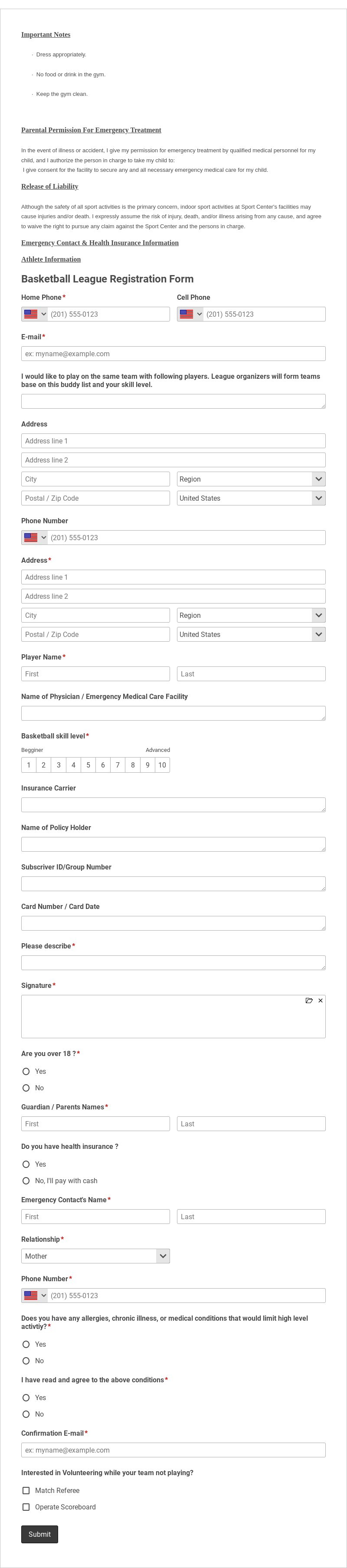 Basketball League Registration Form Template