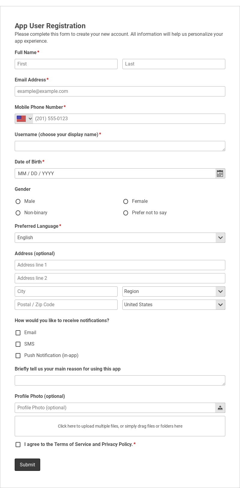 App User Registration Template form template