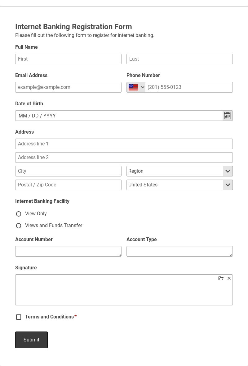 Internet Banking Registration Form Template