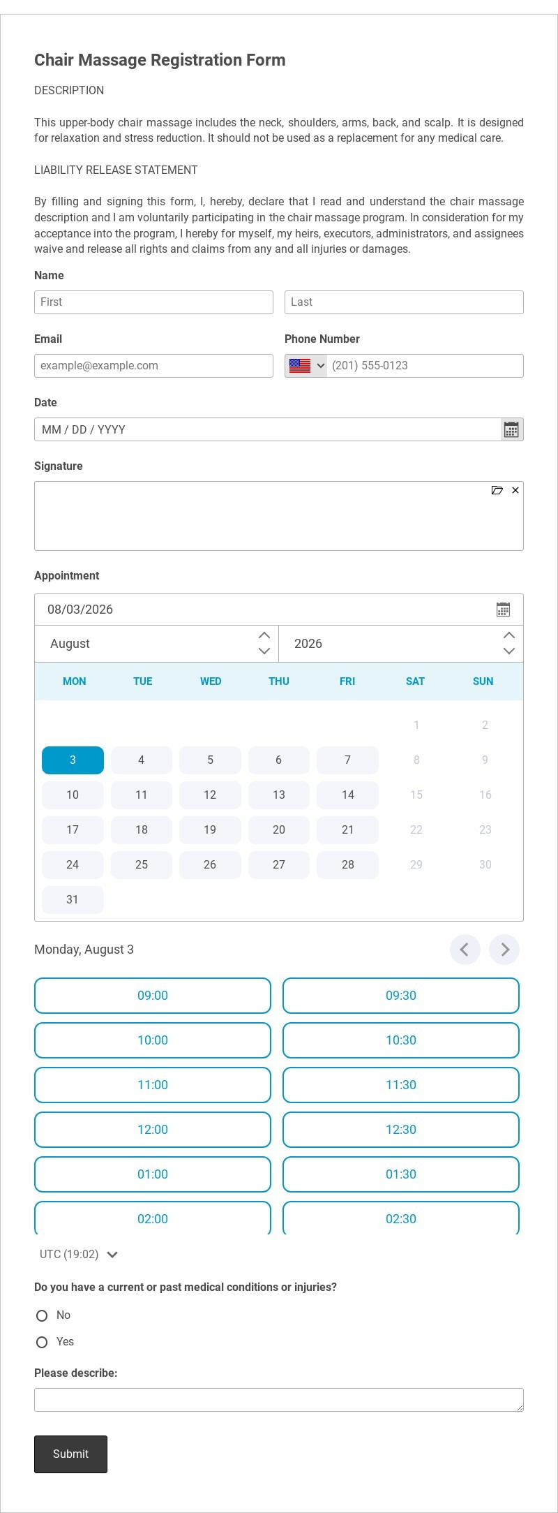 Chair Massage Registration Form Template