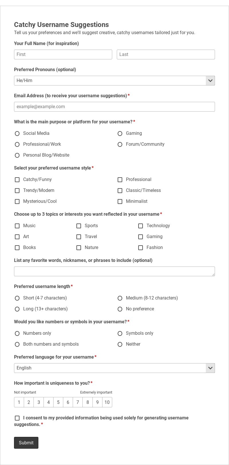 Catchy Username Suggestions Template form template