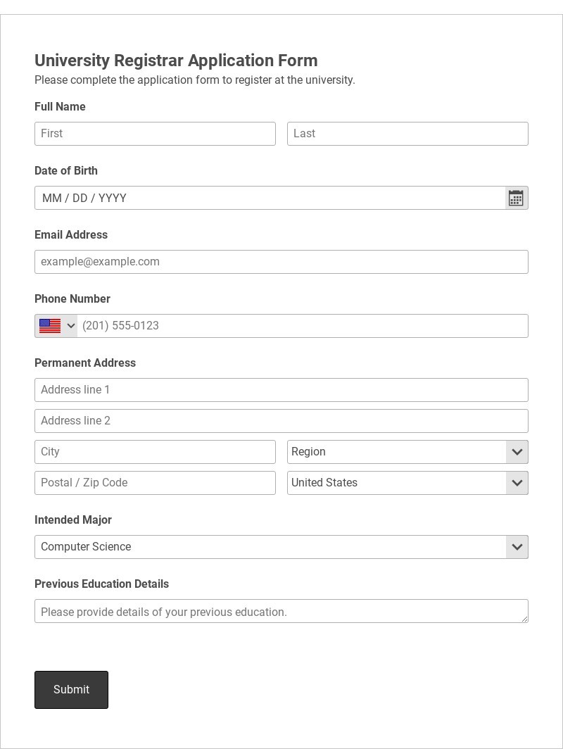 University Registrar Application Form Template form template
