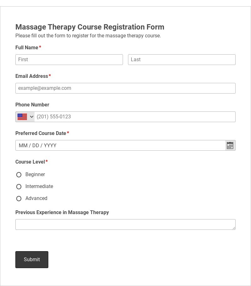 Massage Therapy Course Registration Form Template form template