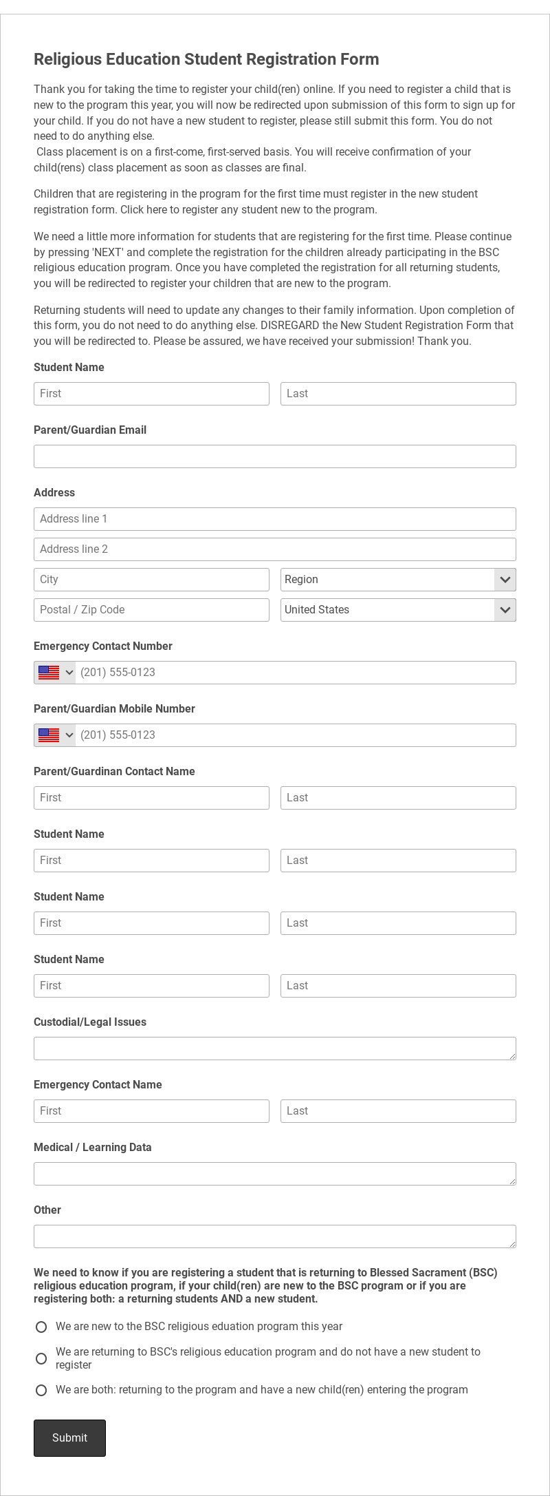 Religious Education Student Registration Form Template