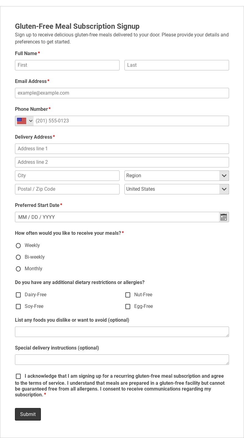 Gluten-Free Meal Subscription Signup Template form template