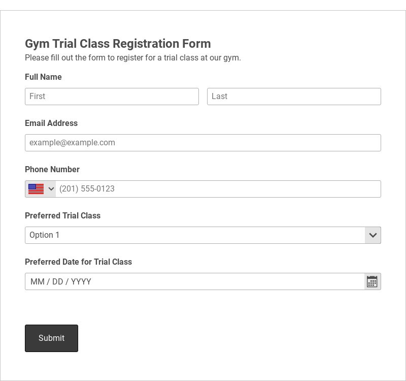 Gym Trial Class Registration Form Template form template