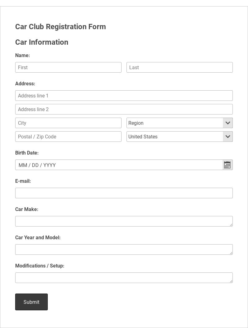 Car Club Registration Form Template form template