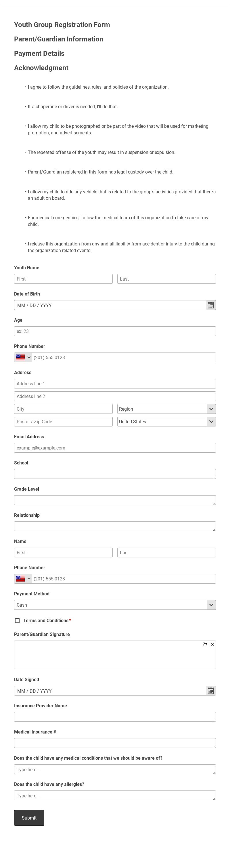 Youth Group Registration Form Template form template