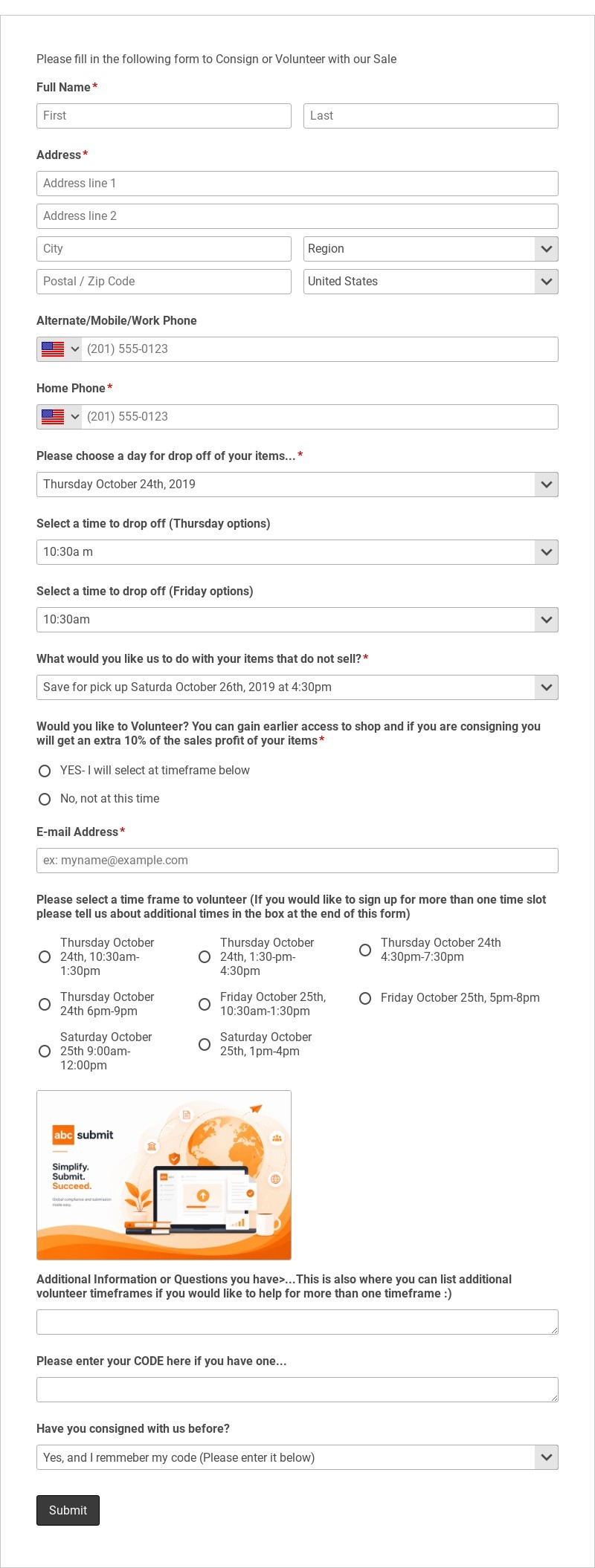 Consignment Sale Sign Up Form Template form template