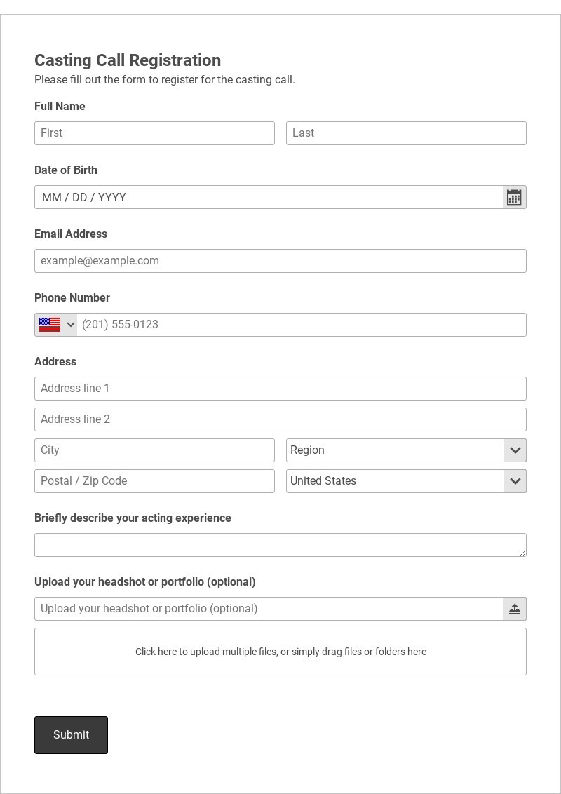 Casting Call Registration Form Template form template