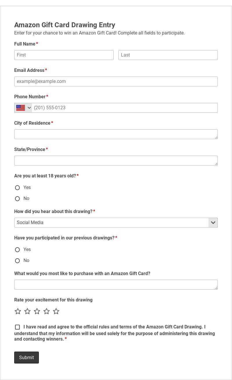 Amazon Gift Card Drawing Entry Template form template