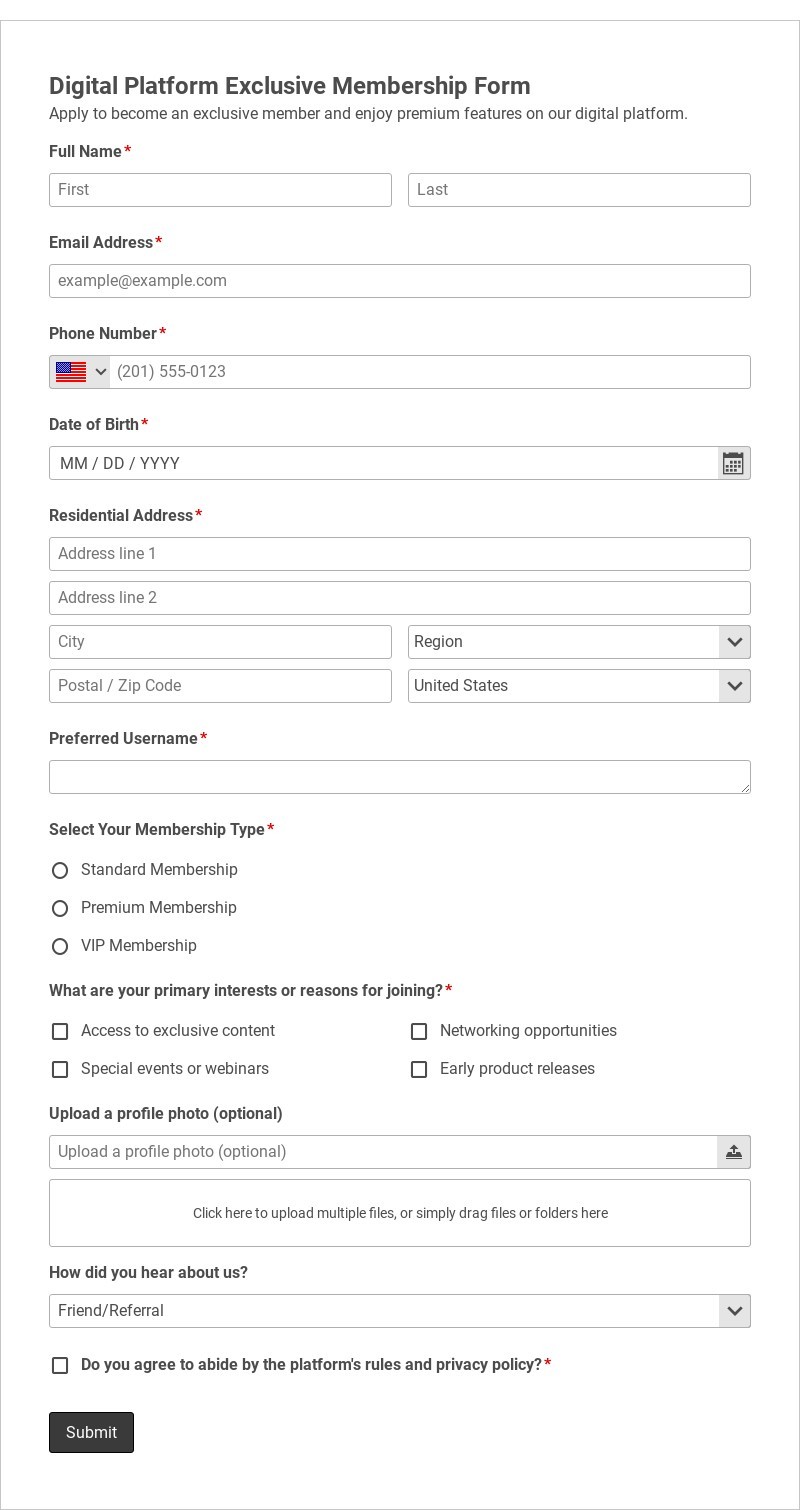 Digital Platform Exclusive Membership Form Template form template