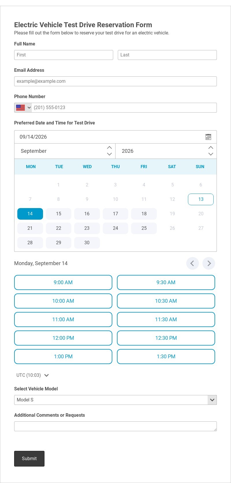 Electric Vehicle Test Drive Reservation Form Template form template
