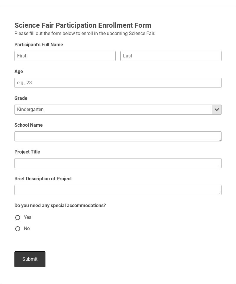 Science Fair Participation Enrollment Form Template form template