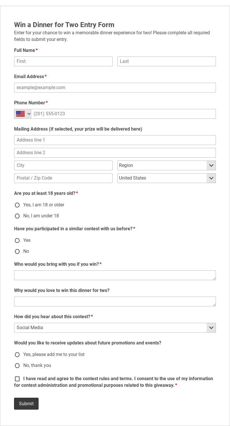 Win a Dinner for Two Entry Form Template form template