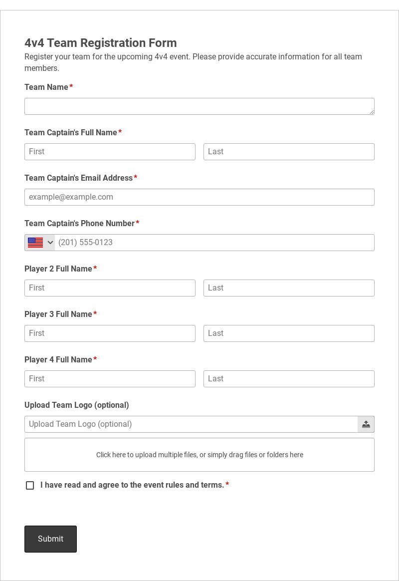 4v4 Team Registration Form Template form template