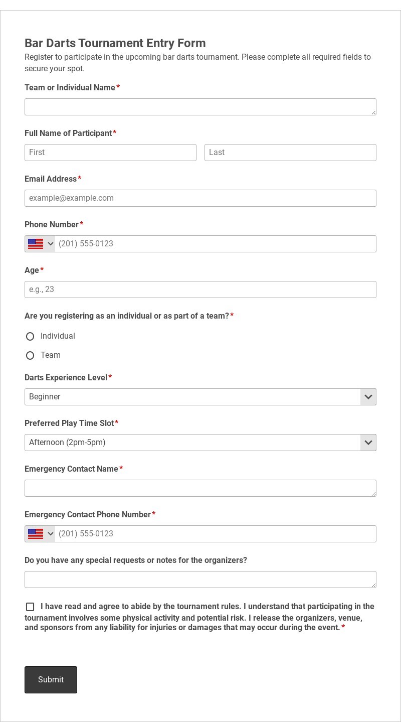 Bar Darts Tournament Entry Form Template form template