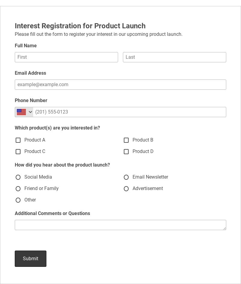 Interest Registration for Product Launch Template form template