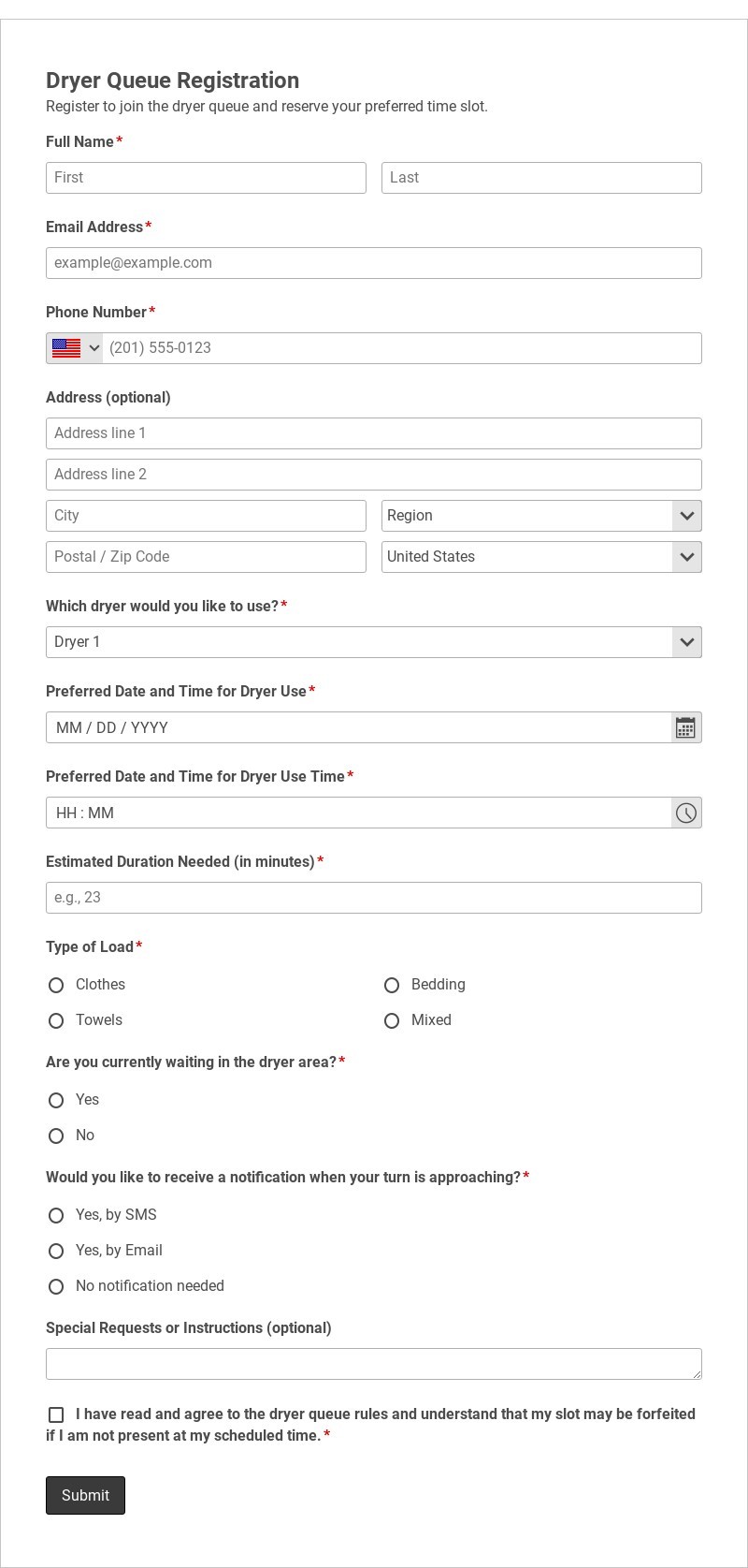 Dryer Queue Registration Template form template