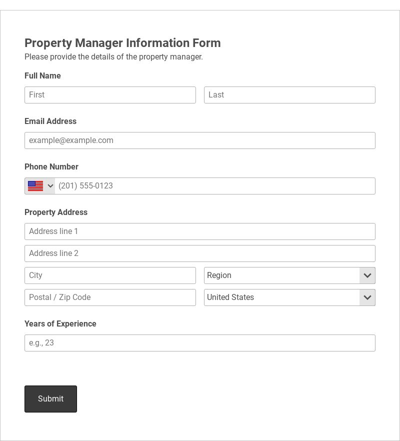 Property Manager Information Form Template form template