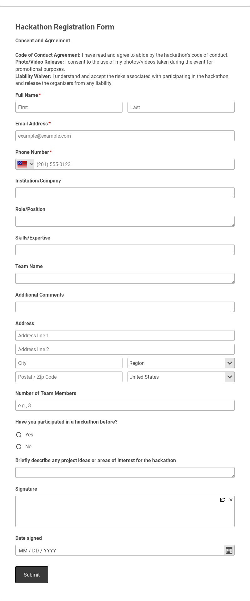 Hackathon Registration Form Template form template