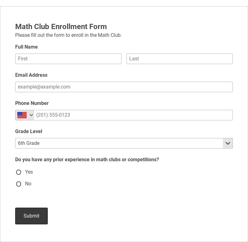 Math Club Enrollment Form Template form template