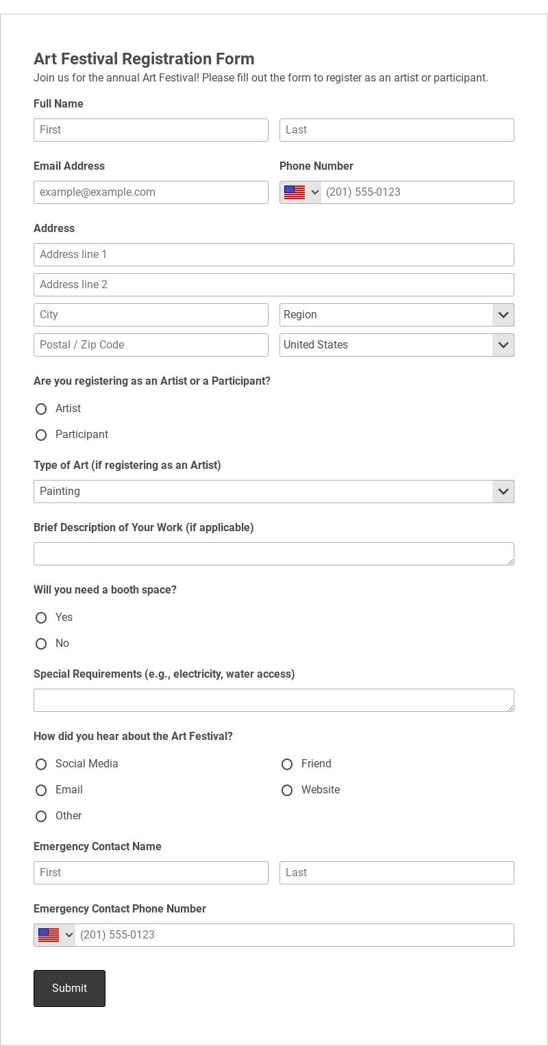 Art Festival Registration Form Template form template